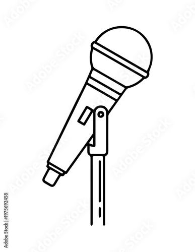 Professional microphone on a stand line art illustration for music podcast and broadcast concepts with microphone broadcast recording communication technology equipment