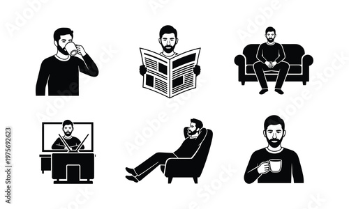 Man reading newspaper drinking coffee relaxing on sofa watching tv armchair vector.