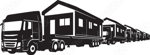 Black, vector semi-truck trailer line, industrial transportation icons, silhouette graphics, fleet vehicles