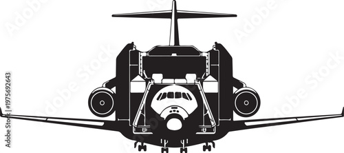 Airplane, aircraft, plane, front view, black and white, vector illustration, transportation, aviation