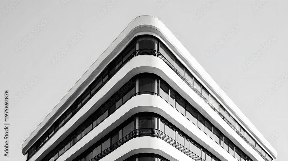 Obraz premium Black and white minimalist architectural shot of modern building with curved edges and horizontal lines creating sleek, elegant urban design