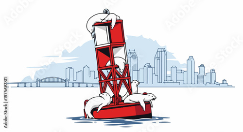 Cute seals lounge on a red buoy with a city skyline in the background