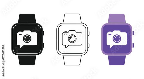 Smartwatch with camera icon display in black white and purple colors showing technology and wearable device concept