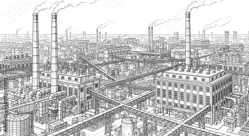 Industrial cityscape with smoking chimneys and complex factory structures