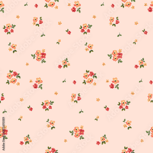 Seamless floral pattern, liberty ditsy print of mini gentle bouquets. Cute botanical design in country motif. Small hand drawn yellow flowers, tiny leaves, simple pretty plants. Vector illustration.