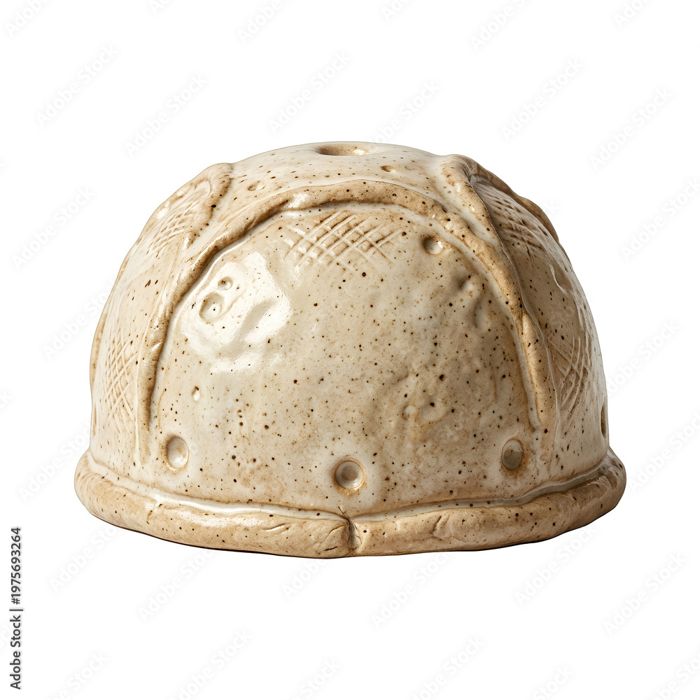 Fototapeta premium Ceramic helmet sculpture with textured surface and unique design.