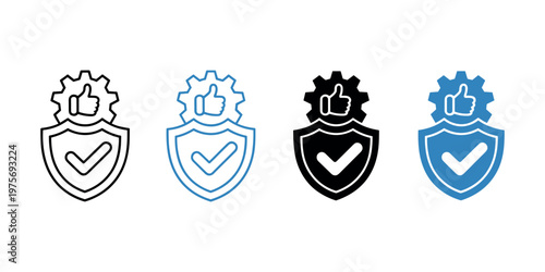 Four showing shield with checkmark gear and thumbs up in black and blue approval