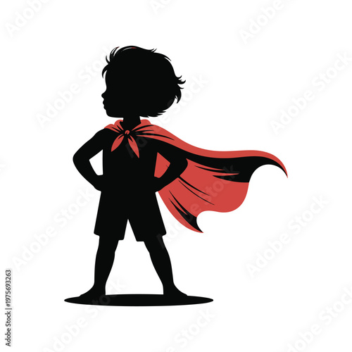 Silhouette of a young child dressed as a superhero with a flowing red cape and a determined pose on a white background