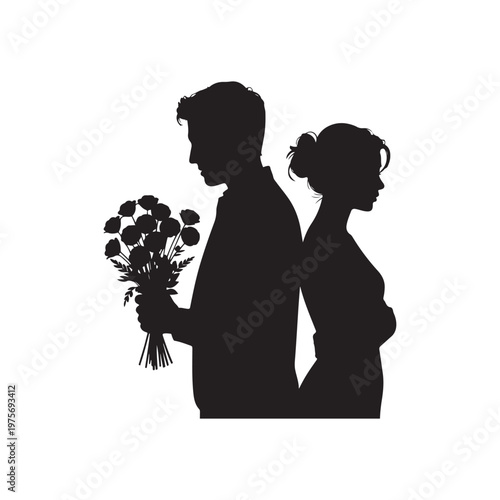 Silhouette of a man holding a bouquet of roses and a woman with arms crossed standing back to back on a white background