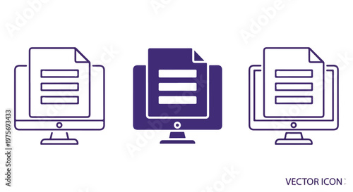 Set of three computer monitors with document icons on screens in different shades of purple and white, digital
