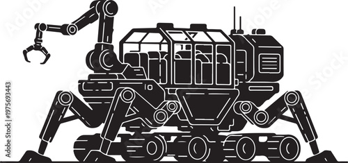 Industrial robot, mechanical excavator, heavy machinery, construction equipment, black vector illustration