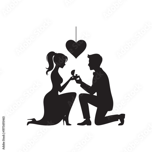 Silhouette of a man proposing marriage to a woman with a heart symbol above them on a white background Keywords