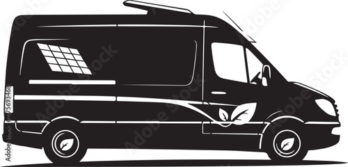 Black camper van, solar panel, side view, vector illustration, recreational vehicle, RV, caravan