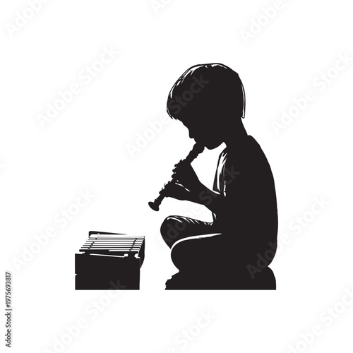 Silhouette of a young child sitting and playing a recorder next to a xylophone on a white background