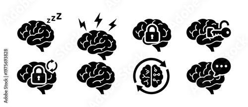 Human Brain Icons Set, Mental Health Symbols and Cognitive Functions, Vector Brain Activity Illustrations for Psychology and Neurology, Sleeping, Stress, Intelligence, and Information Processing Conce