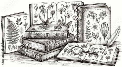 Vintage Botanical Illustration Books Stacked with Magnifying Glass and Feather Pen