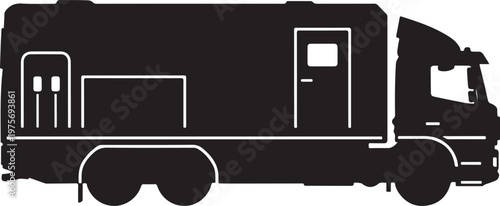 Black truck silhouette, delivery vehicle icon, transportation illustration, cargo truck outline