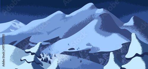 Night landscape of mountain peak with trees under white snow. Winter scenery of rocks with snowy tops and downhills. Alpine range nature with snowdrifts on slopes and pines. Flat vector illustration
