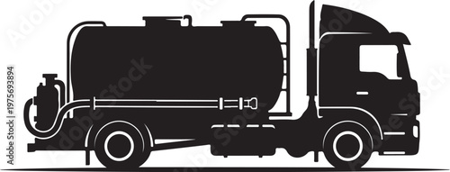 Black silhouette truck, fuel tanker, vehicle icon, transportation illustration
