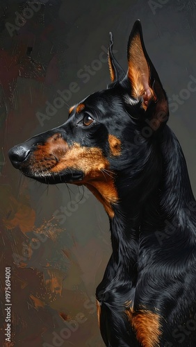 A close-up portrait of a dog with a black and brown coat
