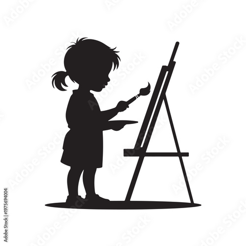Silhouette of a young girl with a ponytail holding a palette and brush painting on an easel Keywords: girl, child