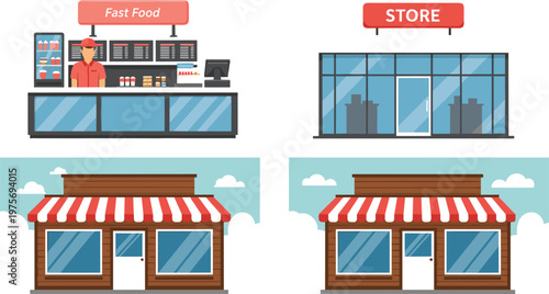 Fast Food Counter and Retail Storefront Buildings Set with Street Shop Exterior Awning Store Business Vector Illustration