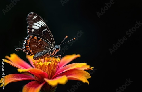 Dark butterfly with white spots rests on vibrant orange and red flower. Macro shot captures fine details of insect wings and antennae. Nature scene on black background.