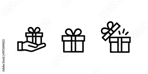 Three black line of gift boxes one held in a hand one closed and one opening with radiating lines  in white background