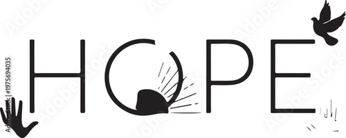 Hope inspirational symbol, sunburst hand dove vector icon, positive vibes graphic element