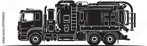 Fire truck, fire engine, emergency vehicle, black and white vector illustration