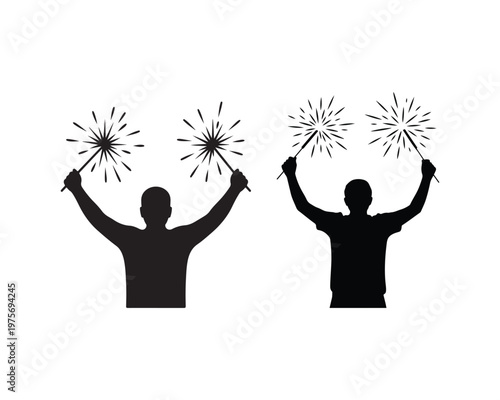 Two black silhouette figures holding sparklers with bursts of light person