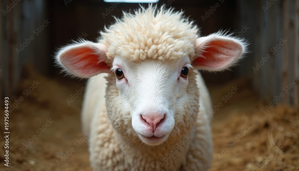 Fototapeta premium White sheep with fluffy wool stands in barn hay. Livestock farm animal looks directly at camera. Cute mammal poses with big ears in rustic countryside setting.