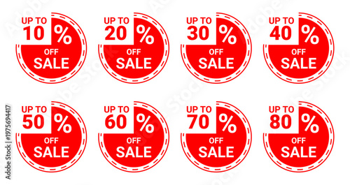 Circular Red Sale Sticker Vector Set with Up To 10% to 80 % Percent Off Discount for Special Sale Marketing Advertising