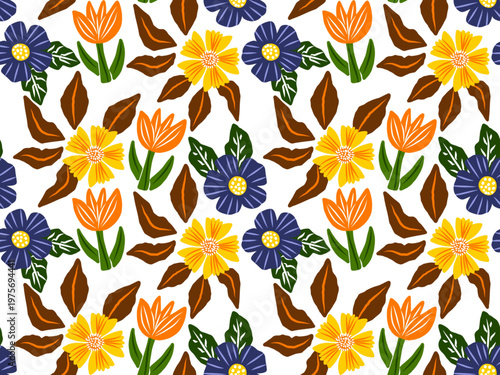 Seamless floral pattern in a cheerful and modern flat design style for textiles (clothes, bed sheet), wrapping paper, website background or interior decoration