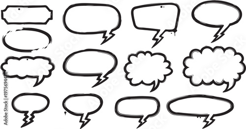 A collection of various black hand-drawn speech bubbles and conversational doodle elements isolated on a white background.