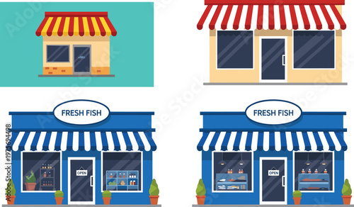 Street Shop Storefront and Fresh Fish Market Building Set with Awning Retail Store Facade Exterior Vector Illustration