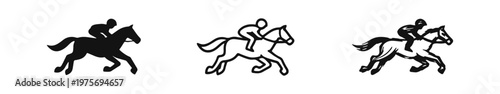 Horse racing icons set. Jockey riding a galloping horse vector illustration in solid, outline, and hand-drawn doodle style.