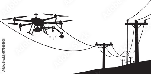 Drone, aerial, silhouette, flying, near power lines, electricity, infrastructure, vector