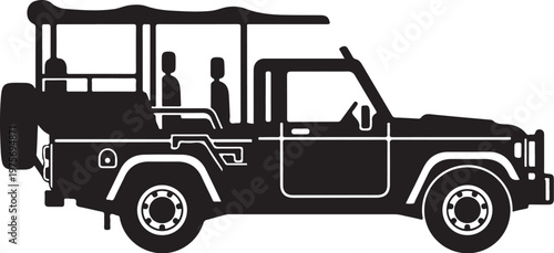 Safari Jeep, Open Top Vehicle, Black Silhouette, Vector Illustration, Transportation Icon