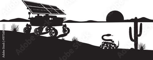 Black silhouette robotic rover, desert landscape, solar panel, robotic vehicle, cactus