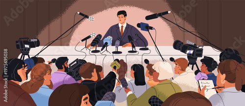 Speaker performs with report on press conference. Journalists interview politician. Business man is public speaking with microphone for news. Presentation for paparazzi. Flat vector illustration