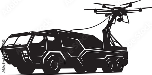 Futuristic military vehicle, drone launcher, black silhouette, vector illustration, combat transport