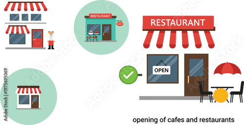 Opening of Cafes and Restaurants Concept with Storefront Buildings Open Sign Outdoor Table Awning Food Business Vector Illustration