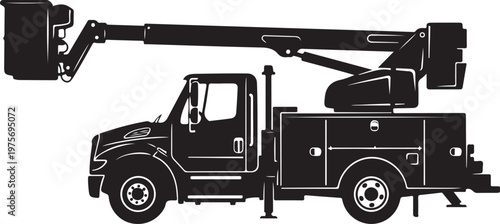 Utility truck, bucket truck, aerial lift truck, black vector illustration