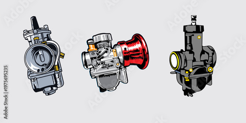 Set of carburetor illustrations with detailed mechanical design. Perfect for automotive repair, engineering, and mechanical education content.