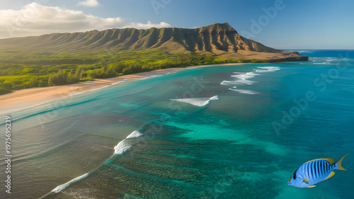Aerial panorama of the West coast of Oahu, area of Papaoneone beach. Hawaii, USA. A blue fish in the water at the coast. aerial view of a tropical island.
