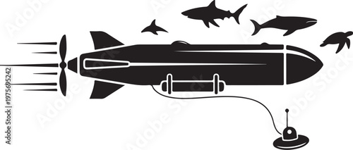 Black submarine vector, underwater vehicle icon, ocean exploration graphic, nautical symbol
