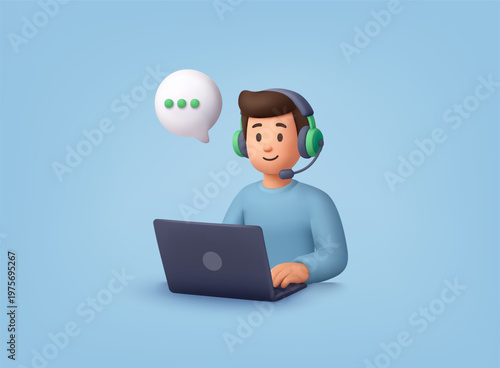 3D illustration of a support operator with headset providing customer service via laptop, online communication, chat assistance, and technical support concept.