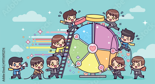 Children playing and interacting around a colorful educational clock puzzle in a playful classroom setting