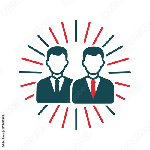 Two businessmen in suits with red and blue lines radiating behind them symbolizing partnership and teamwork